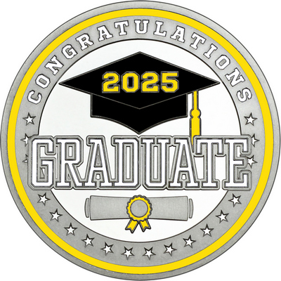 White "Congratulations Graduate" with Yellow 2025, Rim, Tassel & Ribbon